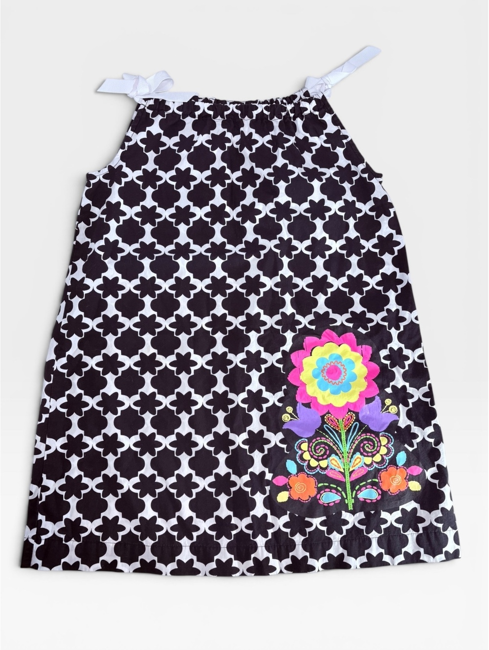 Hanna Andersson Tie Shoulder Sundress Size 120 US 6-7 Black White Floral EUC